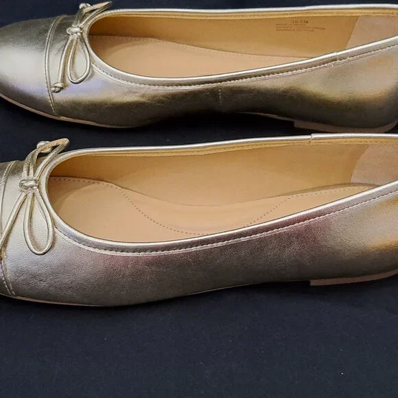 Talbots Shiny Gold Tone Leather Ballet Flats with Bow Size 10.5 M NWOT - Picture 7 of 12